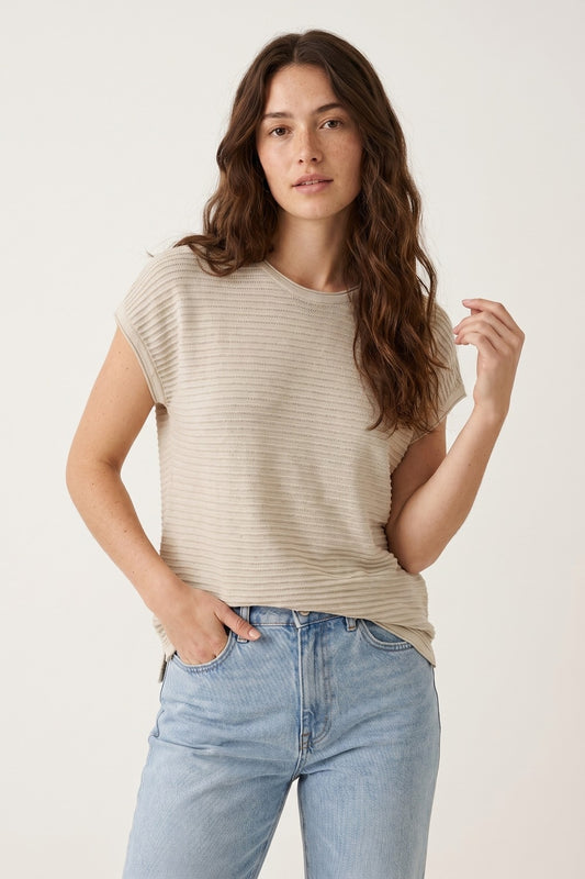 Beige Ribbed open Knit Relaxed Fit Short Sleeve sweater