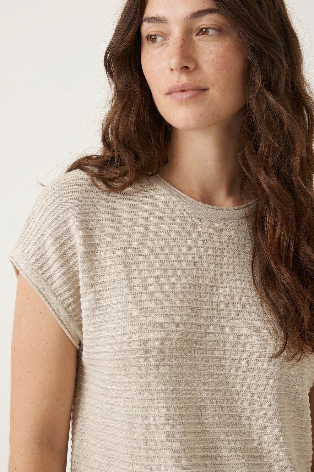 Beige Ribbed open Knit Relaxed Fit Short Sleeve sweater