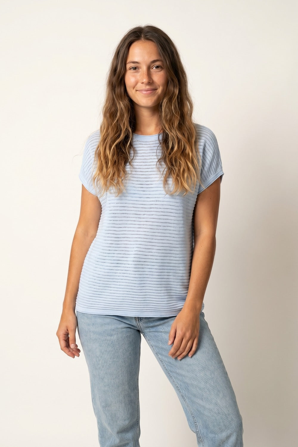 Light Blue Striped open Knit Relaxed Fit sweater