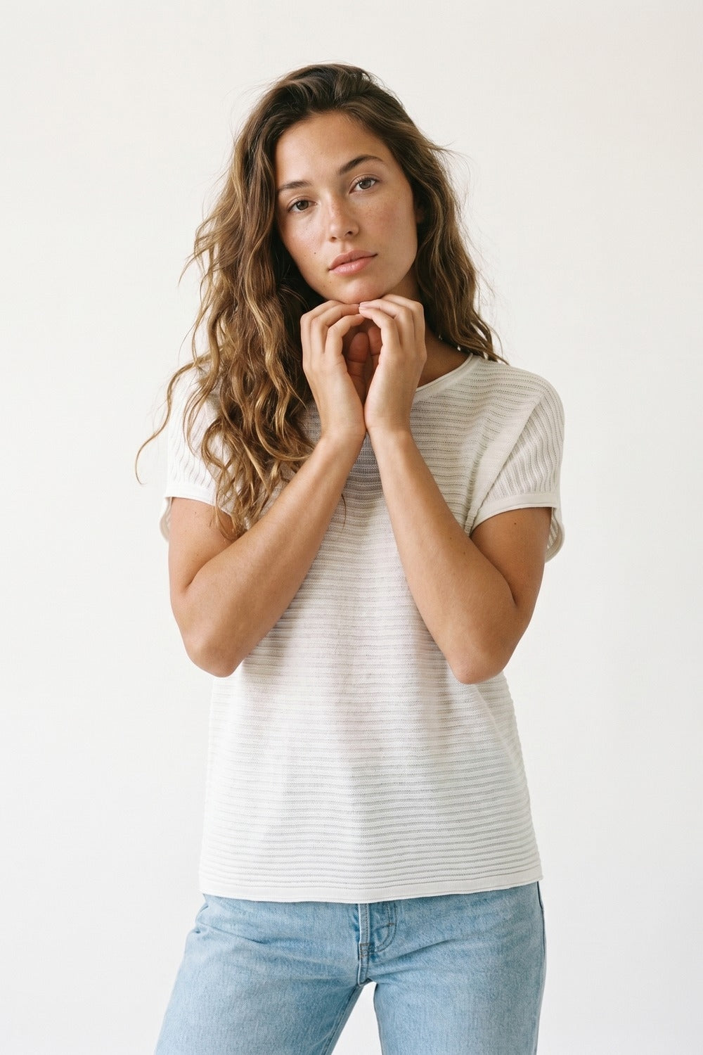 White Striped knitted boat Neck sweater