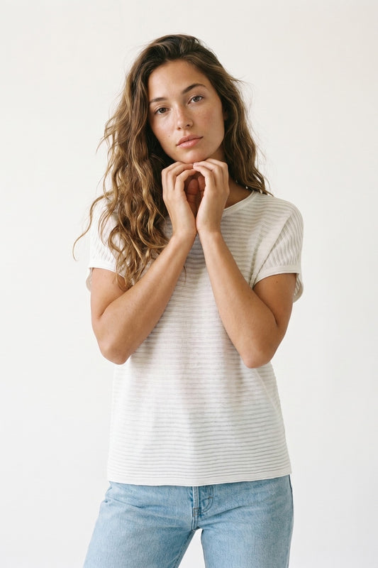 White Striped knitted boat Neck sweater