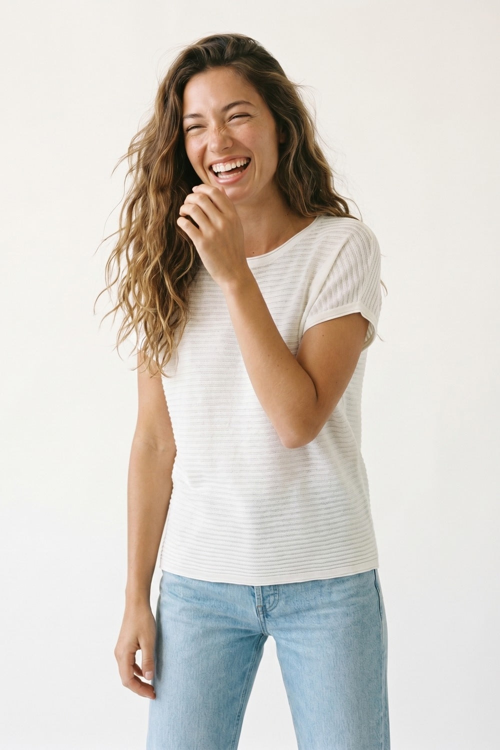 White Striped knitted boat Neck sweater