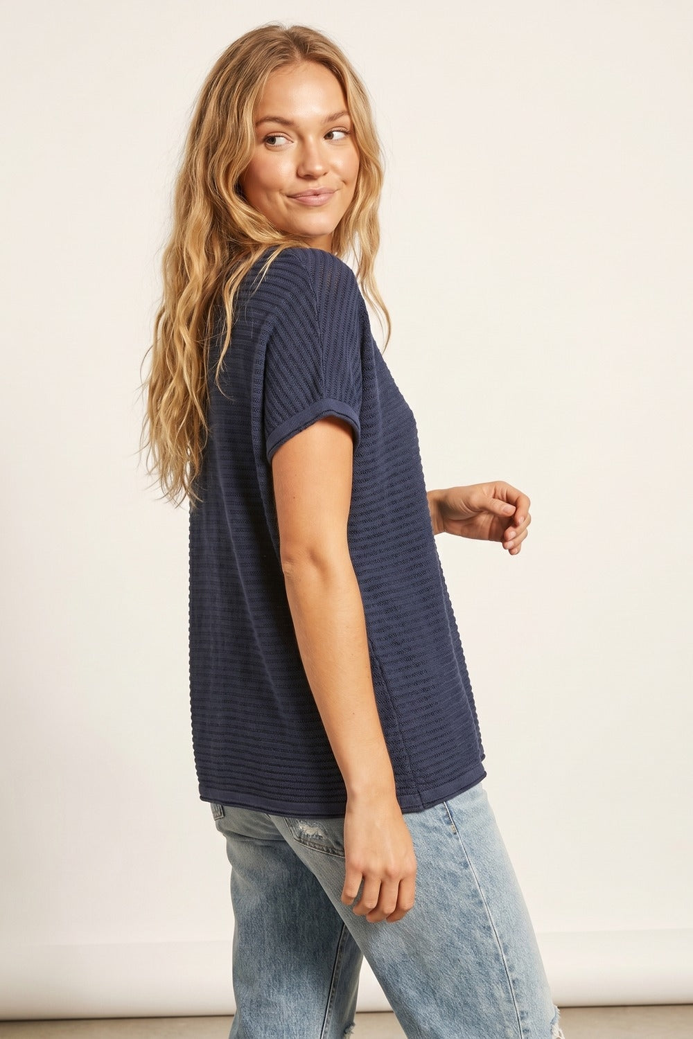 Navy Textured Short Sleeve Relaxed sweater