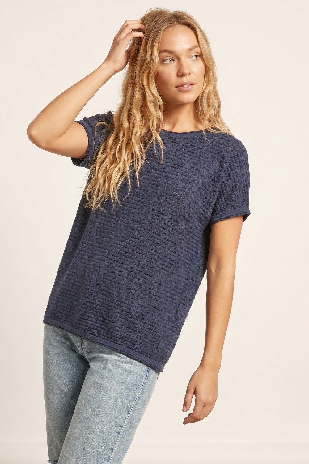 Navy Textured Short Sleeve Relaxed sweater