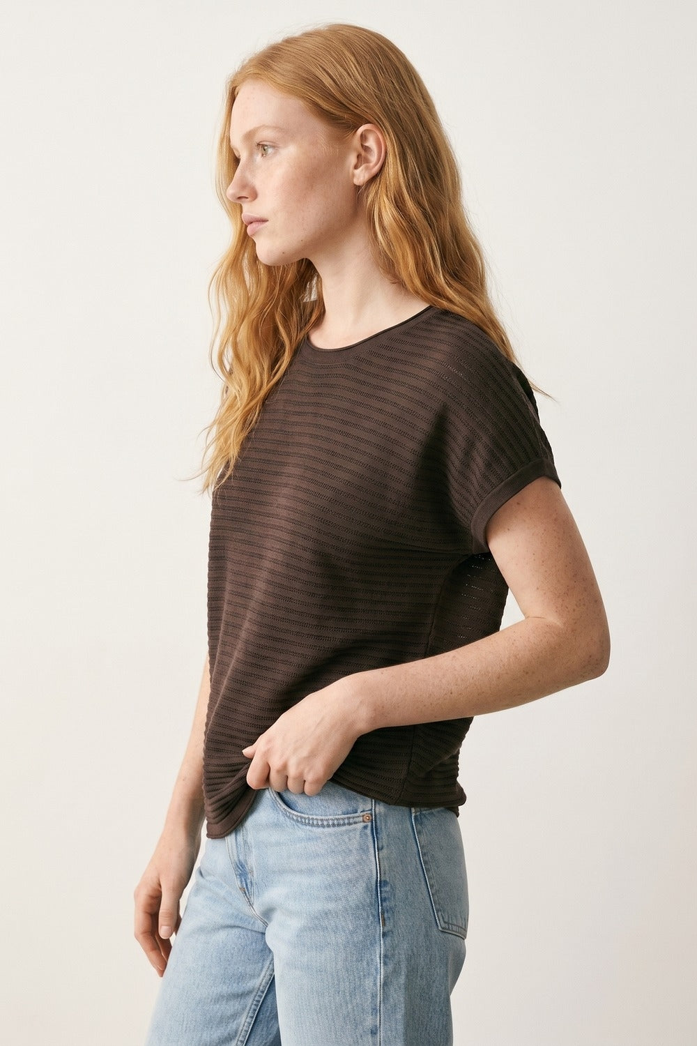 Brown Ribbed Knit Short Sleeve Relaxed sweater