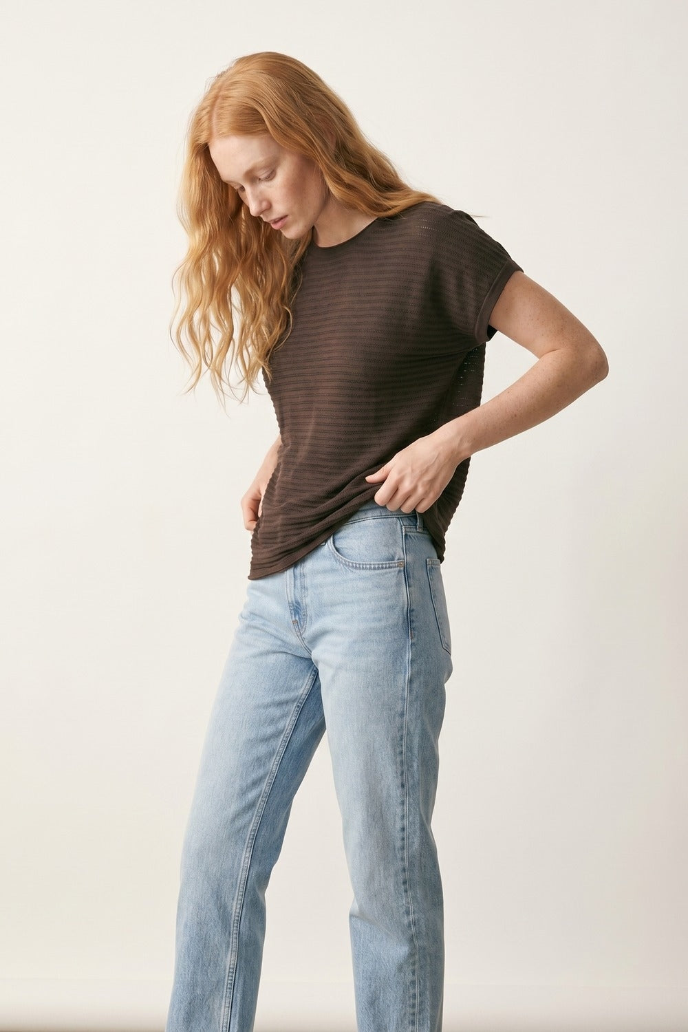 Brown Ribbed Knit Short Sleeve Relaxed sweater