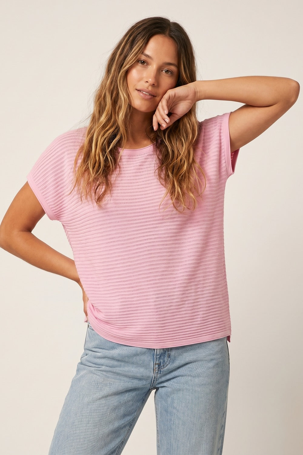 Pink Ribbed Knit Loose Fit sweater with dropped sleeves