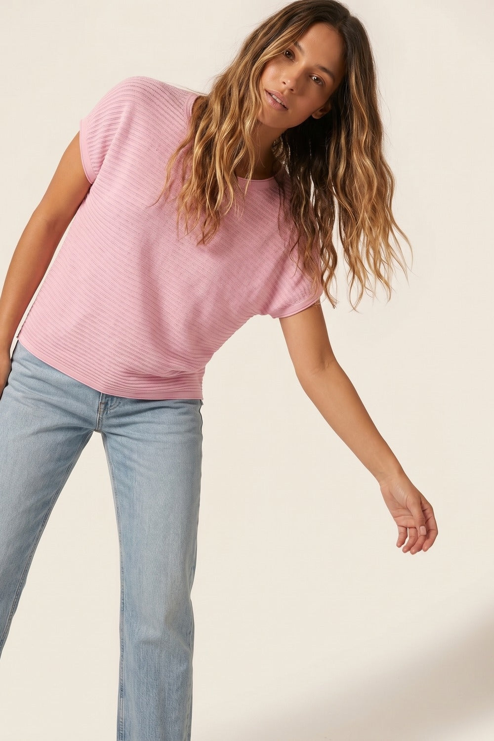 Pink Ribbed Knit Loose Fit sweater with dropped sleeves