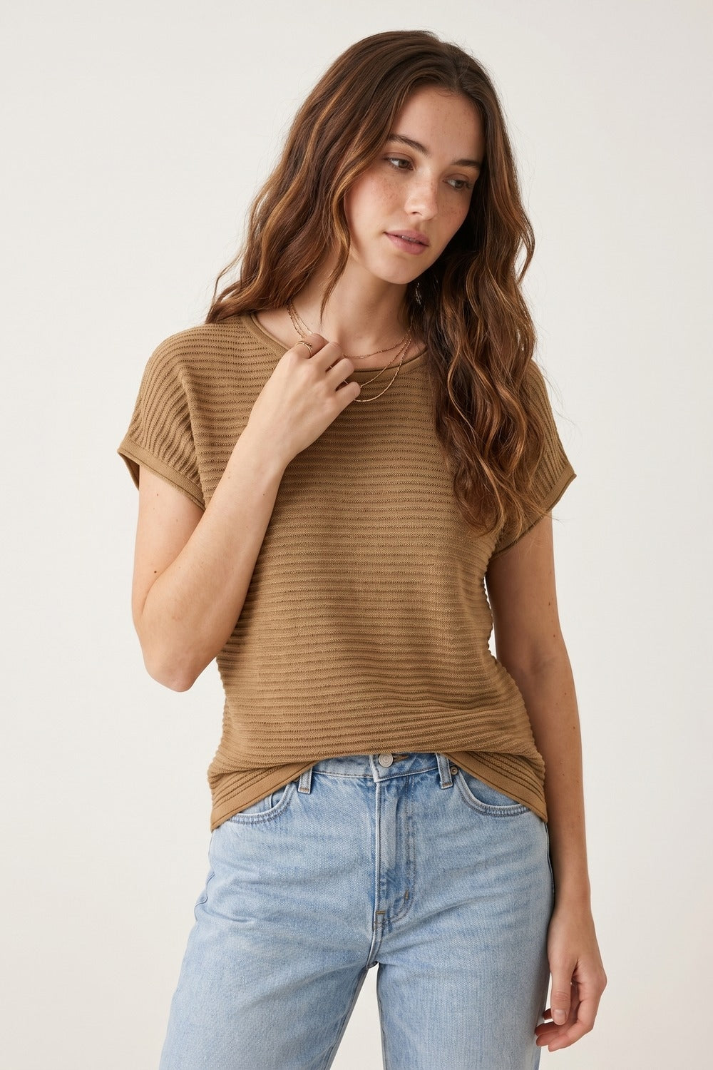 Camel Ribbed Knit Short Sleeve Sweater