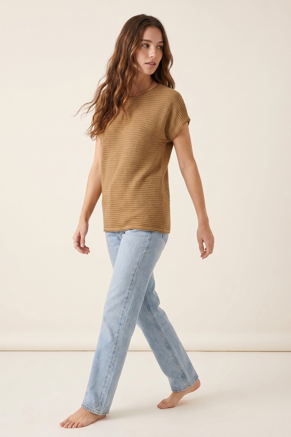 Camel Ribbed Knit Short Sleeve Sweater