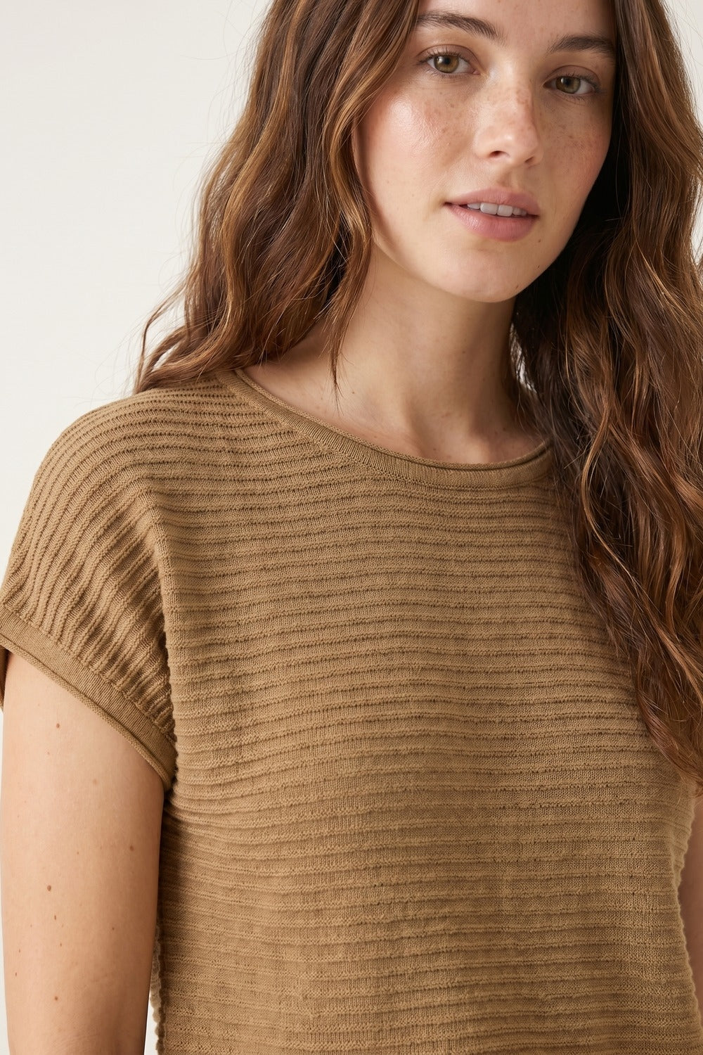 Camel Ribbed Knit Short Sleeve Sweater