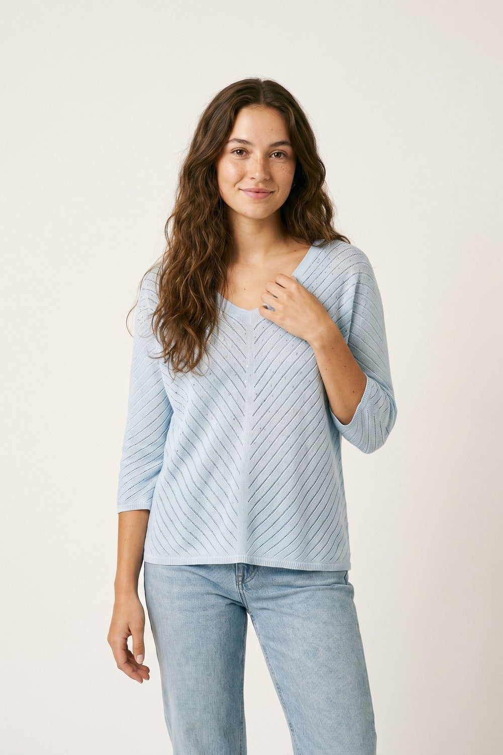 Light Blue Knit V-Neck Sweater with Sparkle Detail