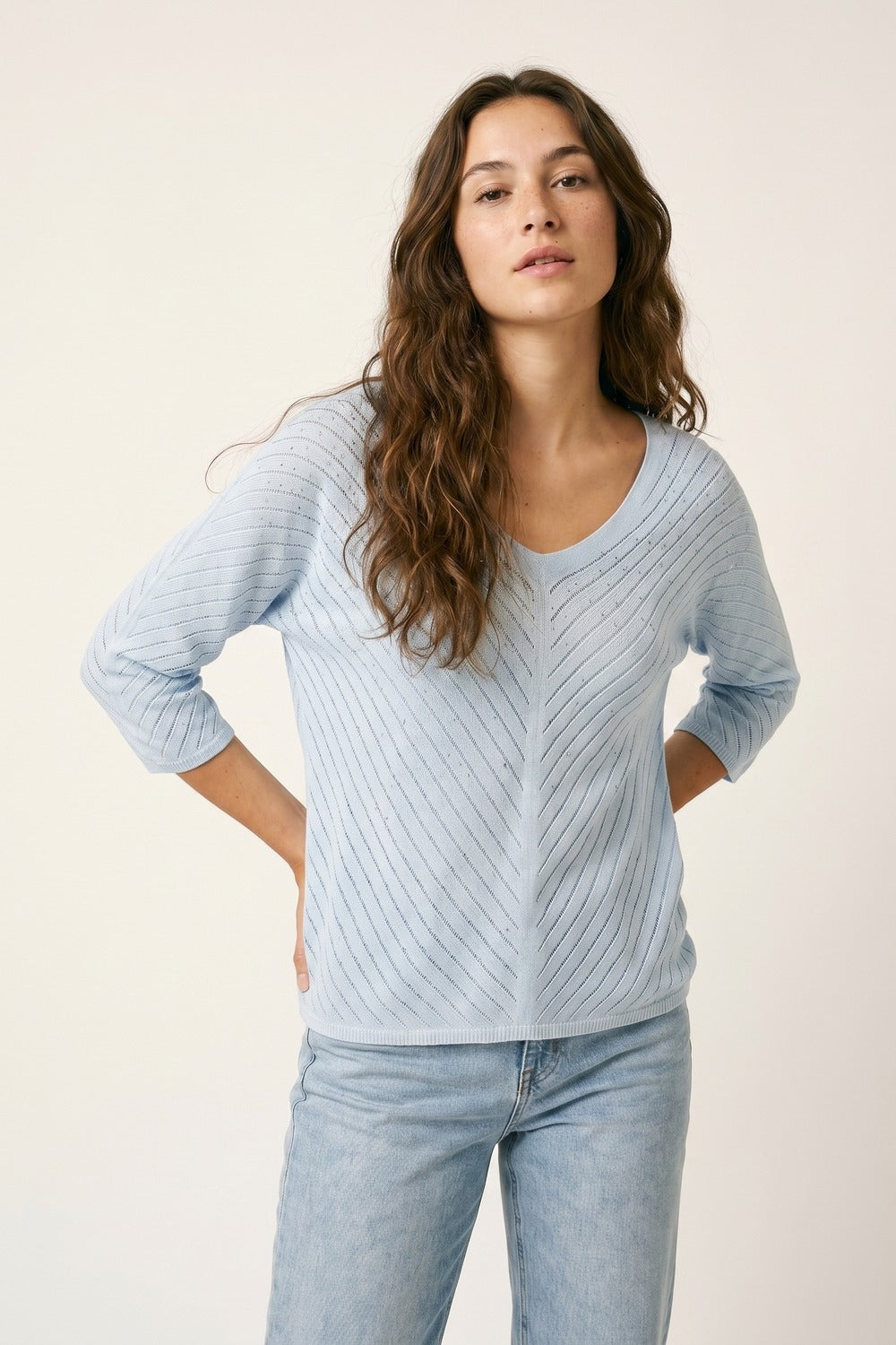 Light Blue Knit V-Neck Sweater with Sparkle Detail