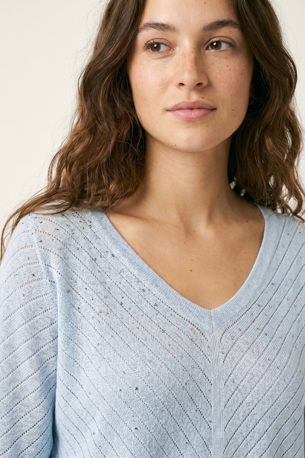 Light Blue Knit V-Neck Sweater with Sparkle Detail
