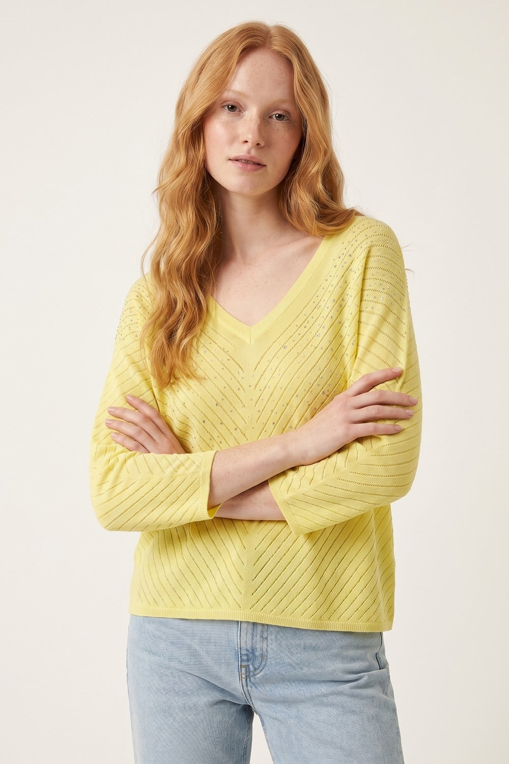 V-Neck Embellished Lightweight Knit sweater in yellow