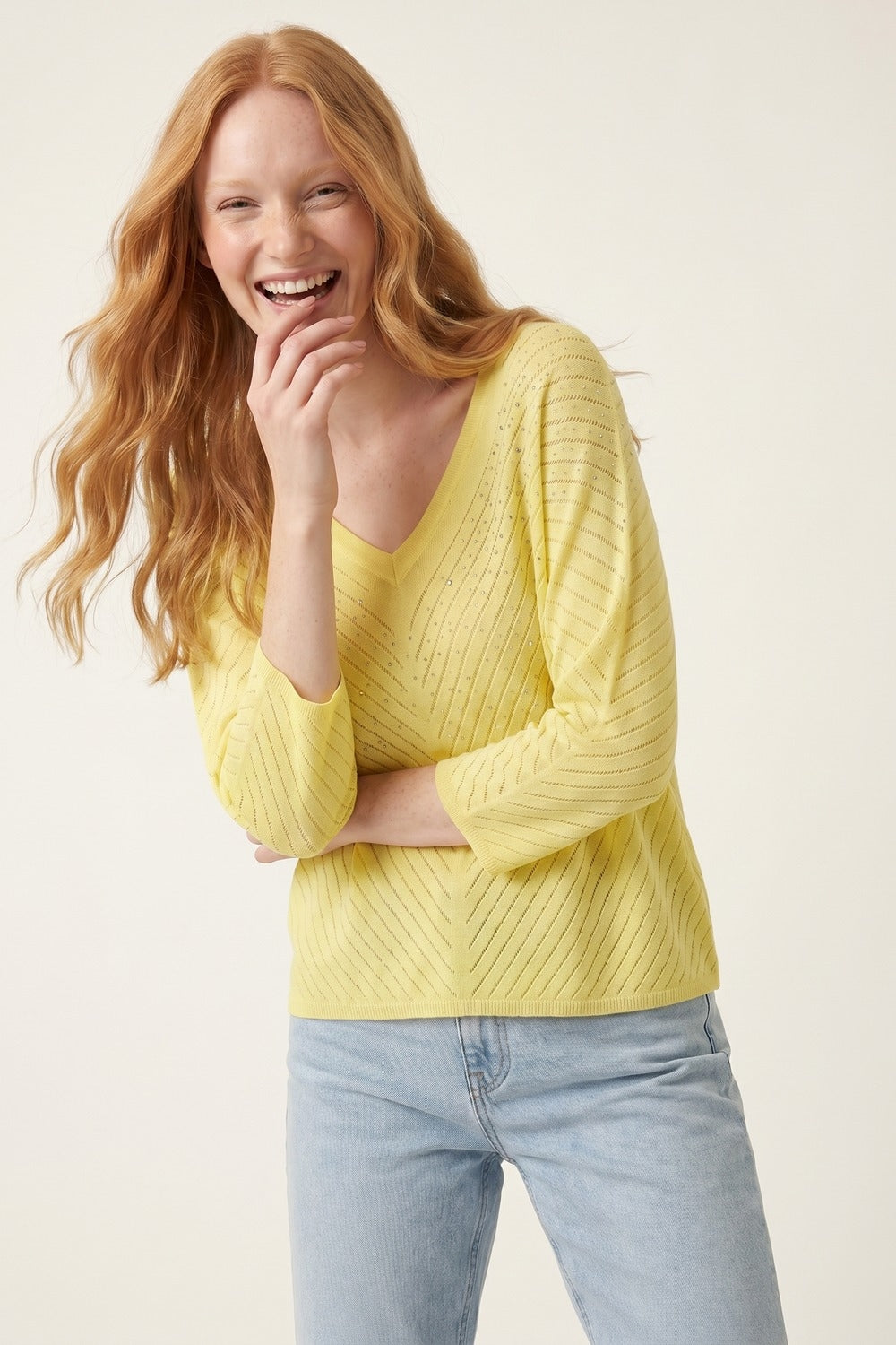 V-Neck Embellished Lightweight Knit sweater in yellow