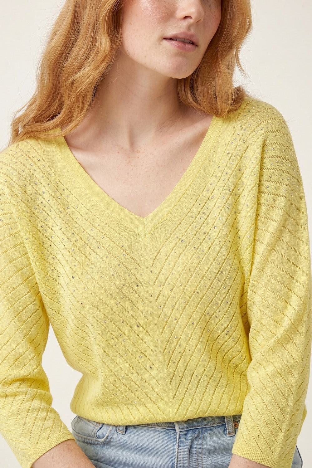 V-Neck Embellished Lightweight Knit sweater in yellow
