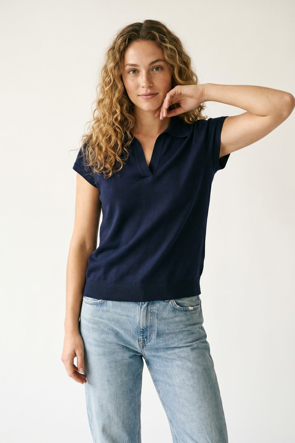 Navy Fine Knit Short Sleeve Polo - Polos