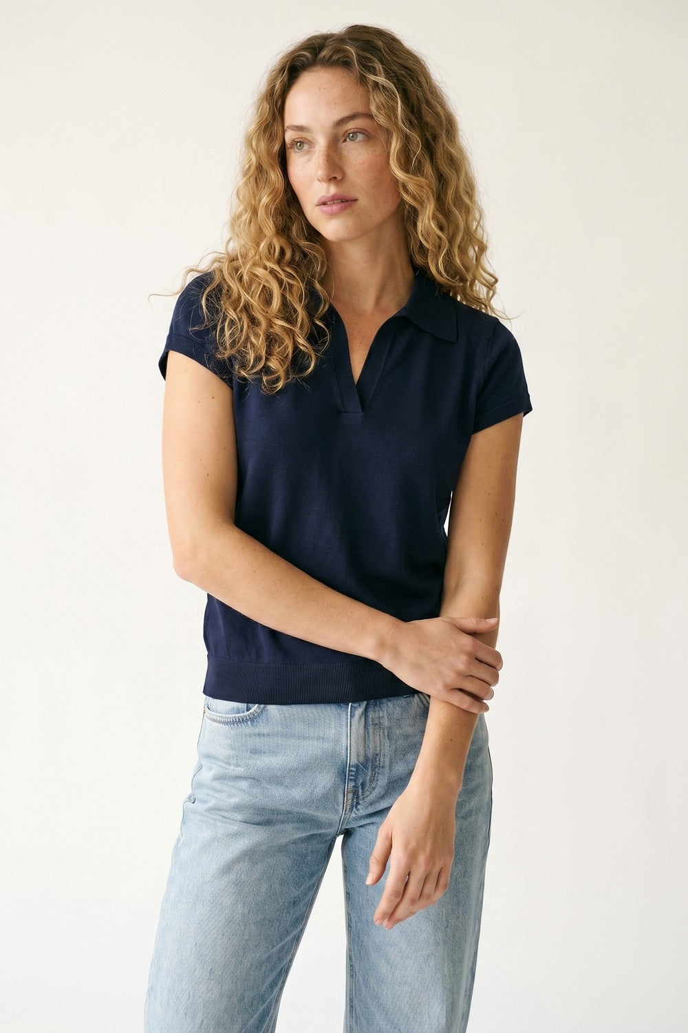 Navy Fine Knit Short Sleeve Polo - Polos