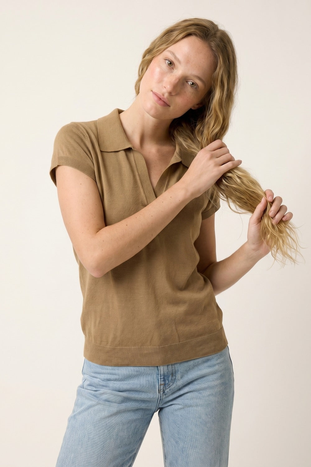 Camel fine Knit Polo Top with Short Sleeves - Polos
