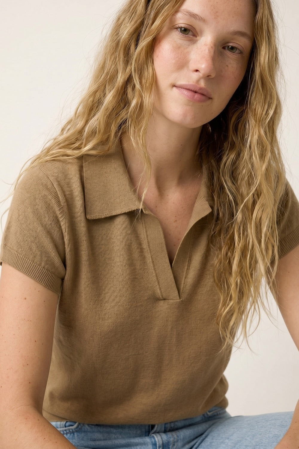Camel fine Knit Polo Top with Short Sleeves - Polos