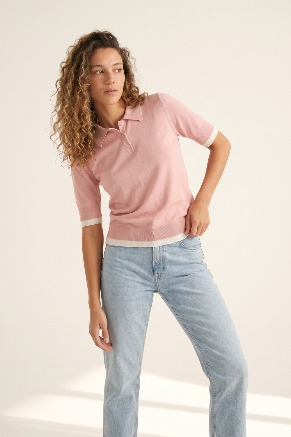 Pink Polo Knit Top with White Trim Details