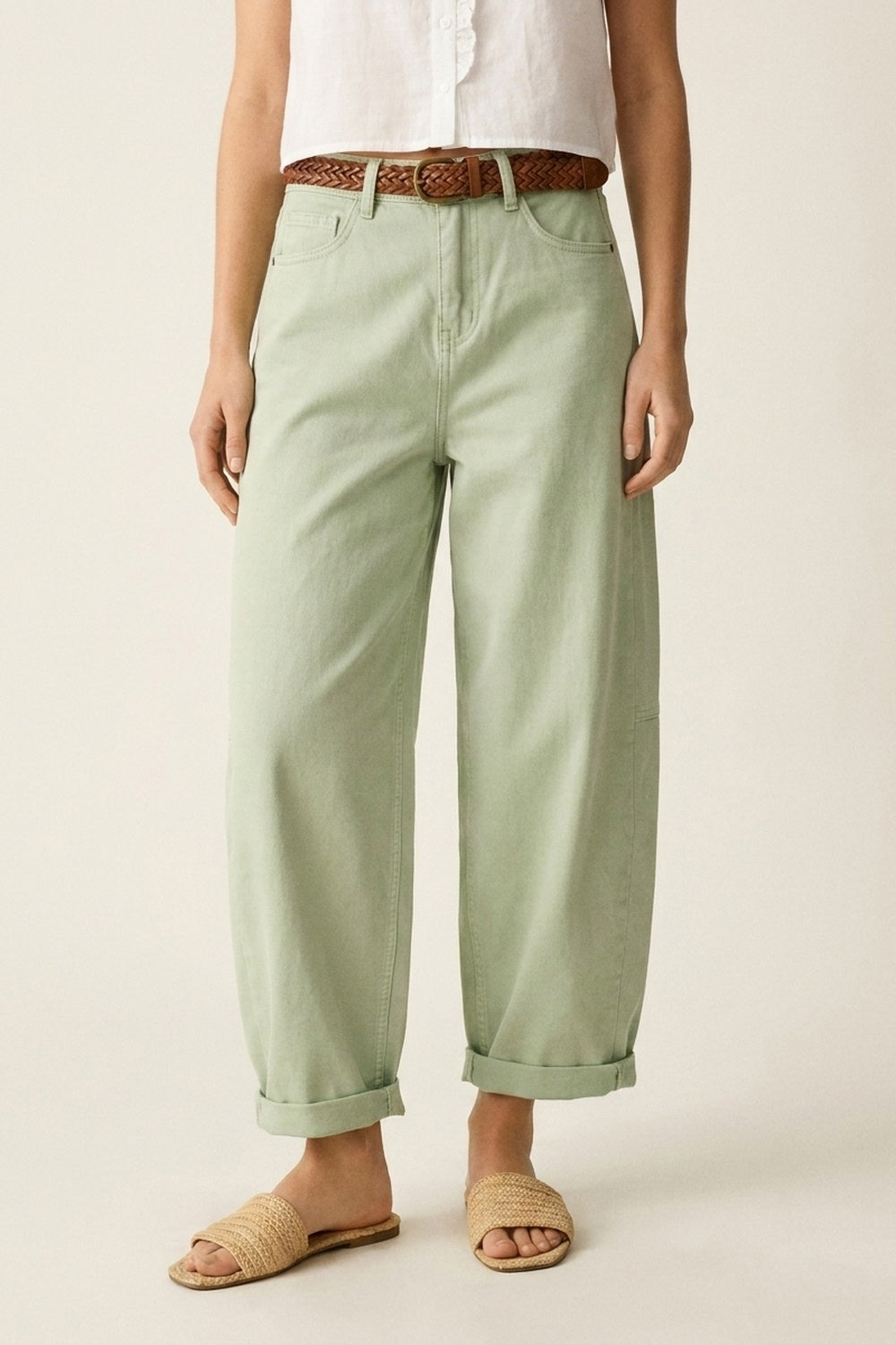 Light Green Wide-Leg Cotton Casual Pants in Barrel Style - Coloured Jeans
