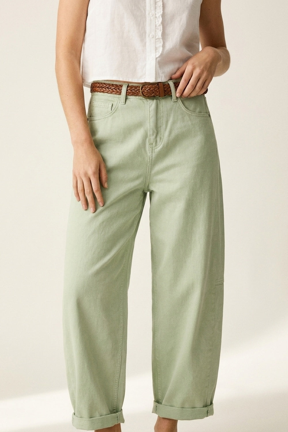 Light Green Wide-Leg Cotton Casual Pants in Barrel Style - Coloured Jeans