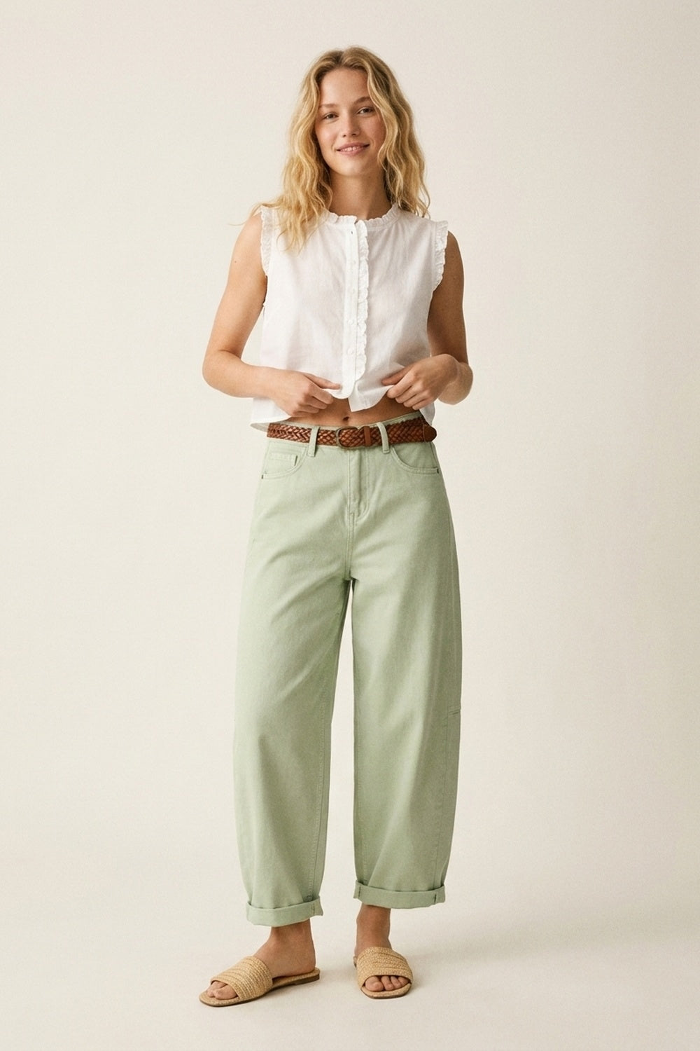 Light Green Wide-Leg Cotton Casual Pants in Barrel Style - Coloured Jeans