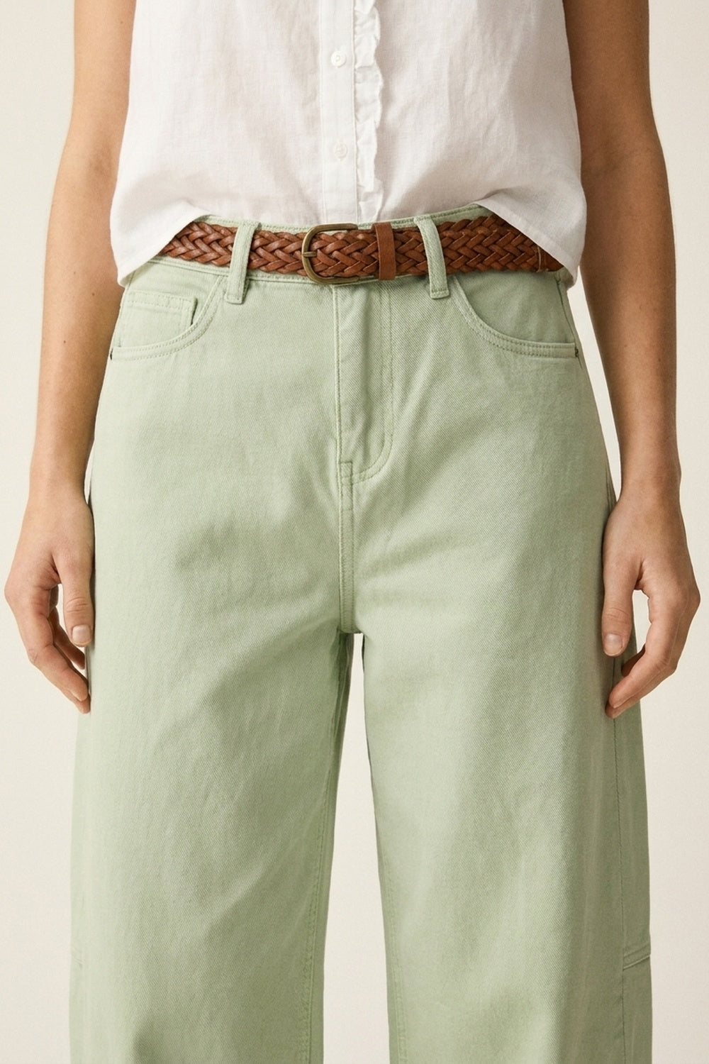 Light Green Wide-Leg Cotton Casual Pants in Barrel Style - Coloured Jeans
