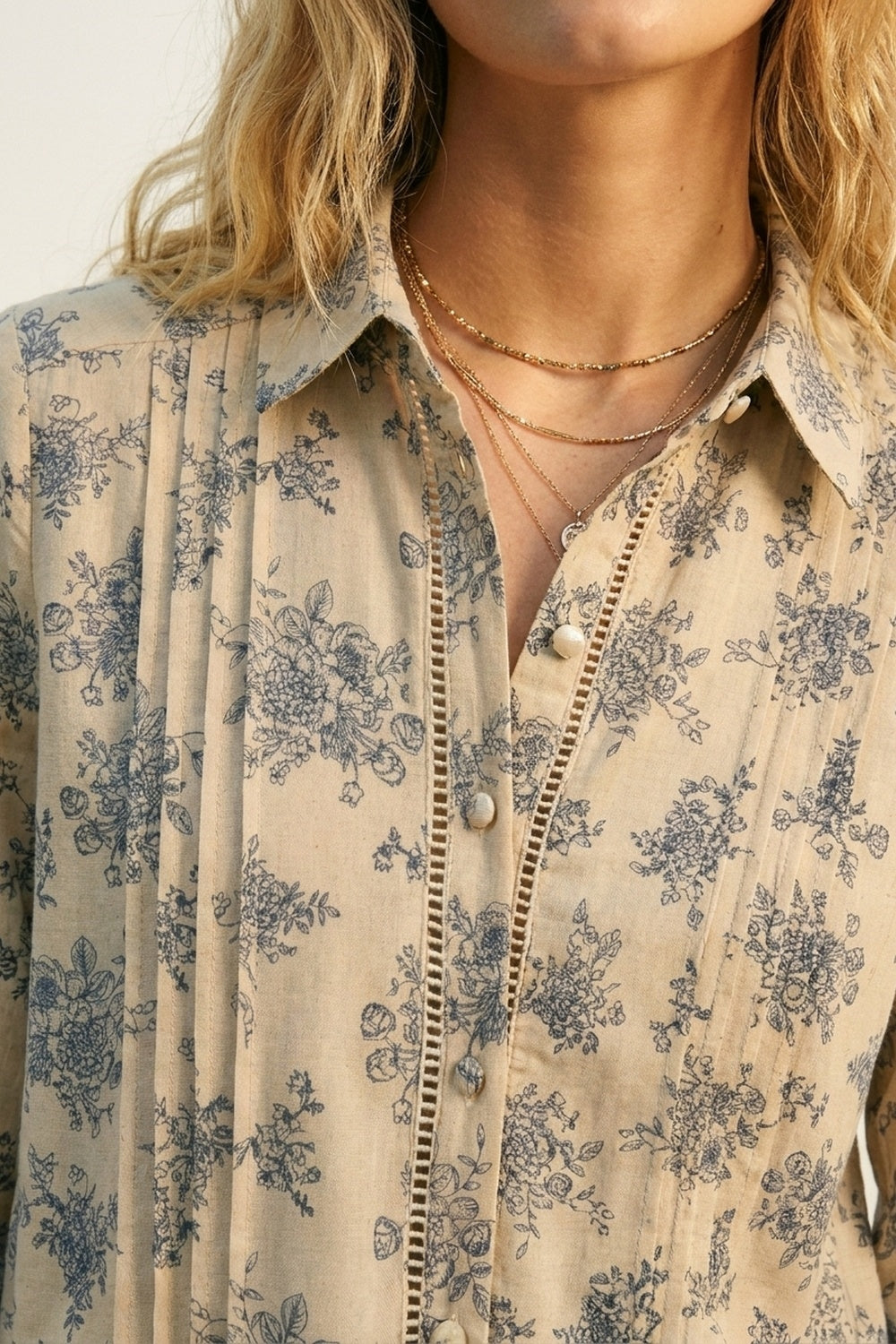 Beige Floral Printed Button-Up Shirt with chrochet Detail - Shirts