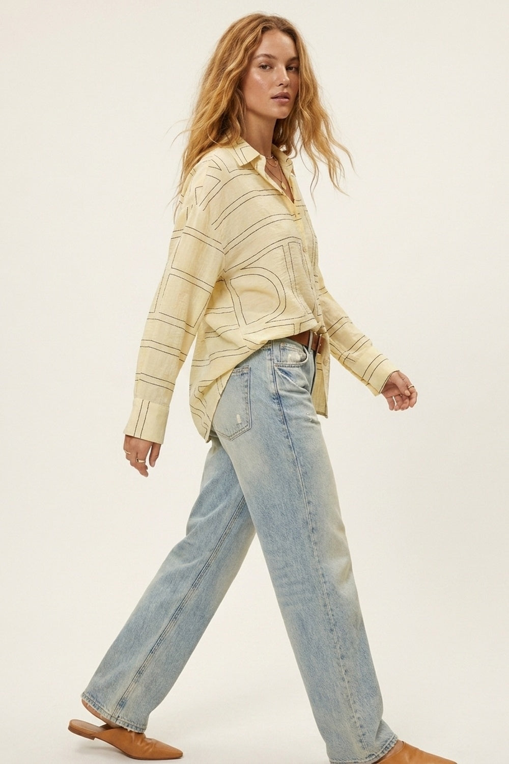 Beige Geometric Pattern Button-Down Shirt - Shirts