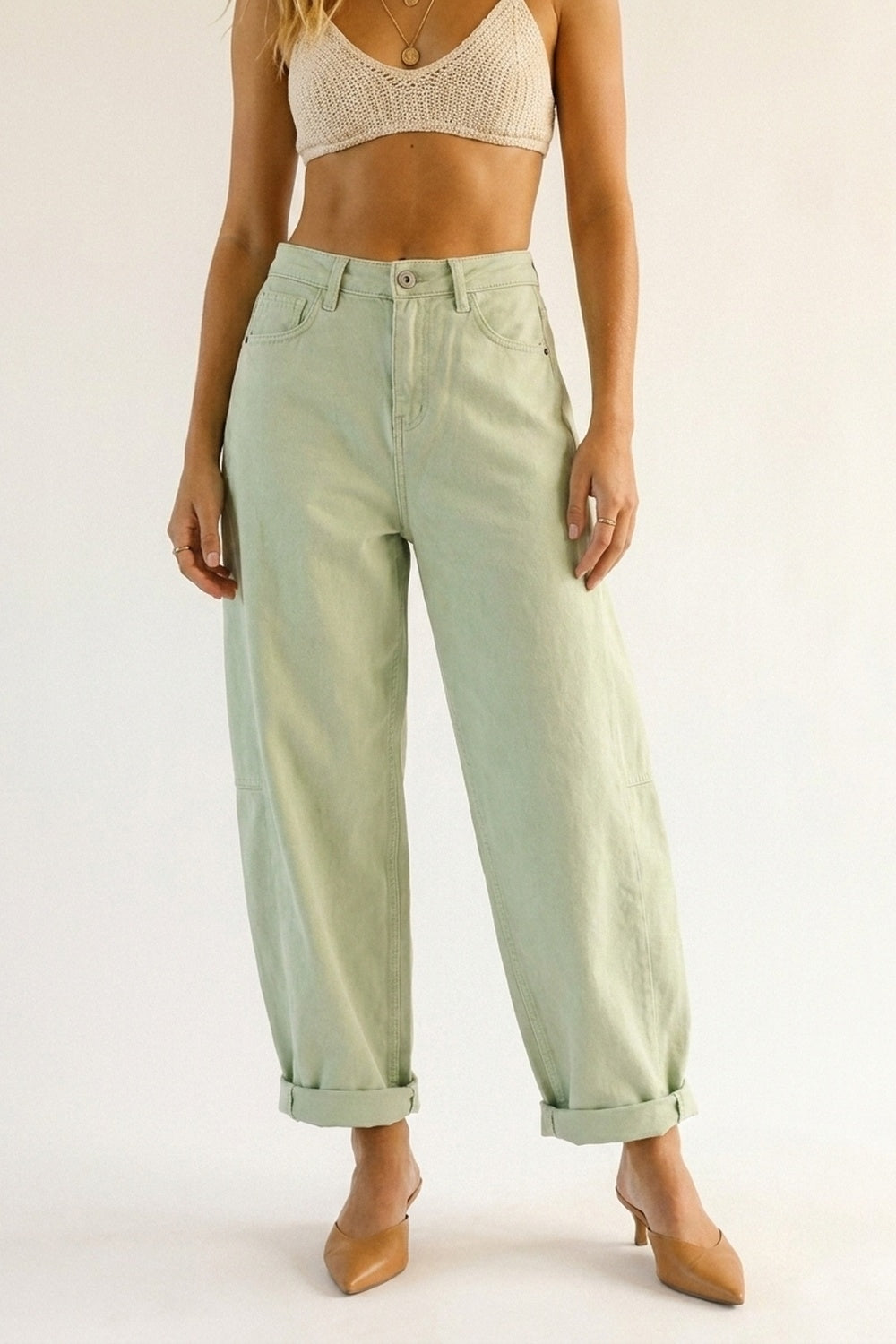 Light Green Wide-Leg Cotton Casual Pants in Barrel Style - Coloured Jeans