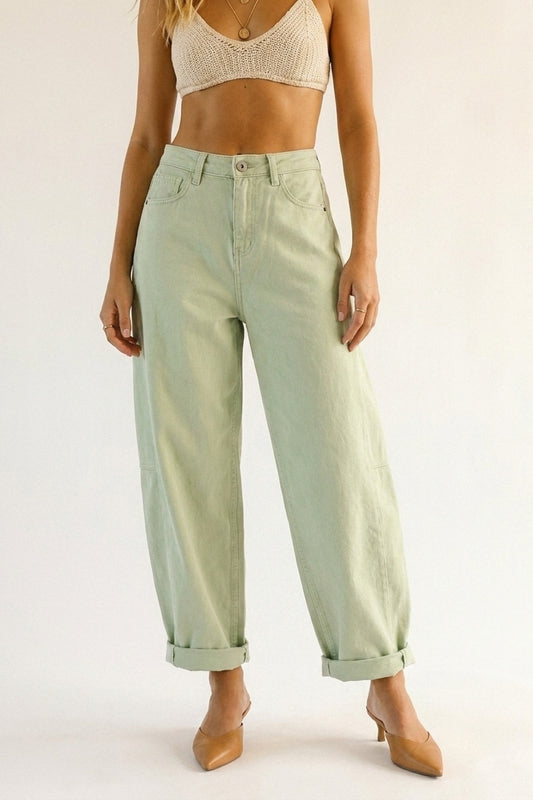 Light Green Wide-Leg Cotton Casual Pants in Barrel Style - Coloured Jeans