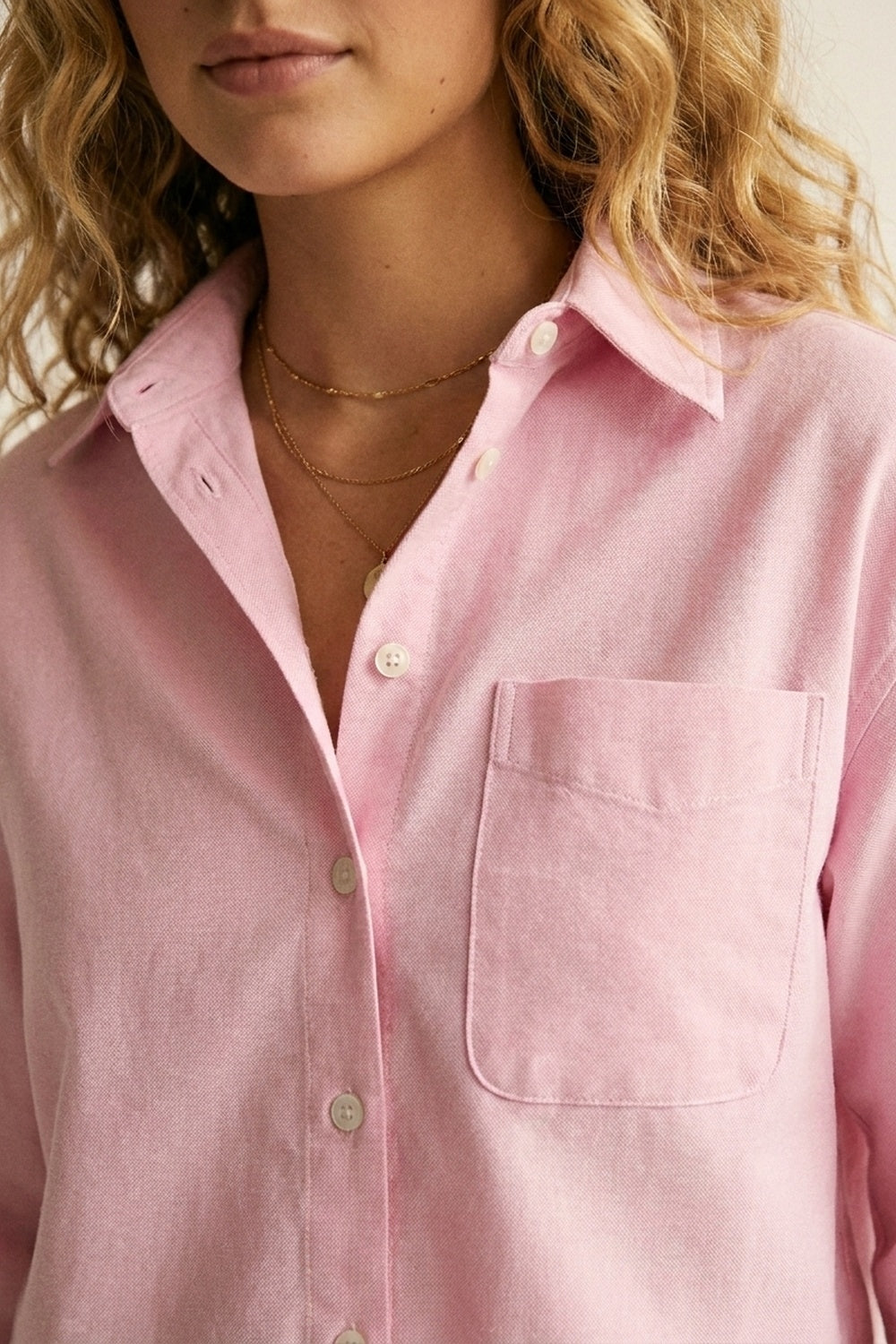 Pink Button-Up Cropped Shirt with Collar - Shirts