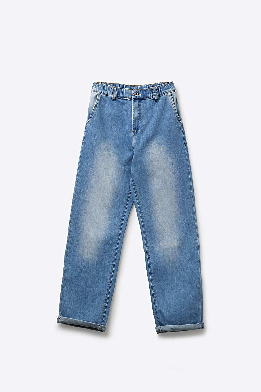 Relaxed Fit Light Wash Elastic Waist Denim Jeans - Denim
