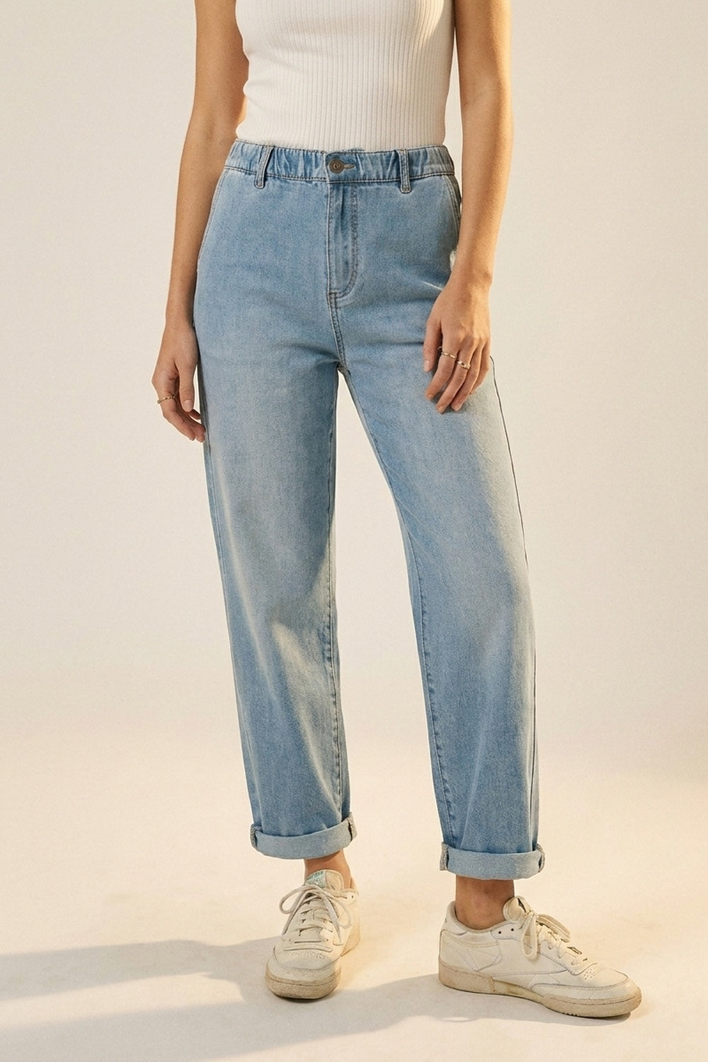 Relaxed Fit Light Wash Elastic Waist Denim Jeans - Denim