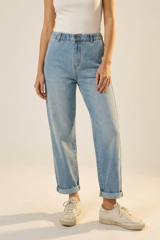 Relaxed Fit Light Wash Elastic Waist Denim Jeans - Denim