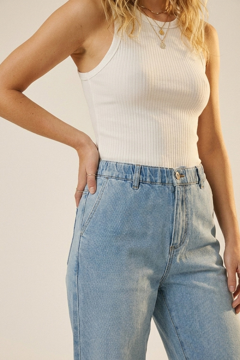 Relaxed Fit Light Wash Elastic Waist Denim Jeans - Denim
