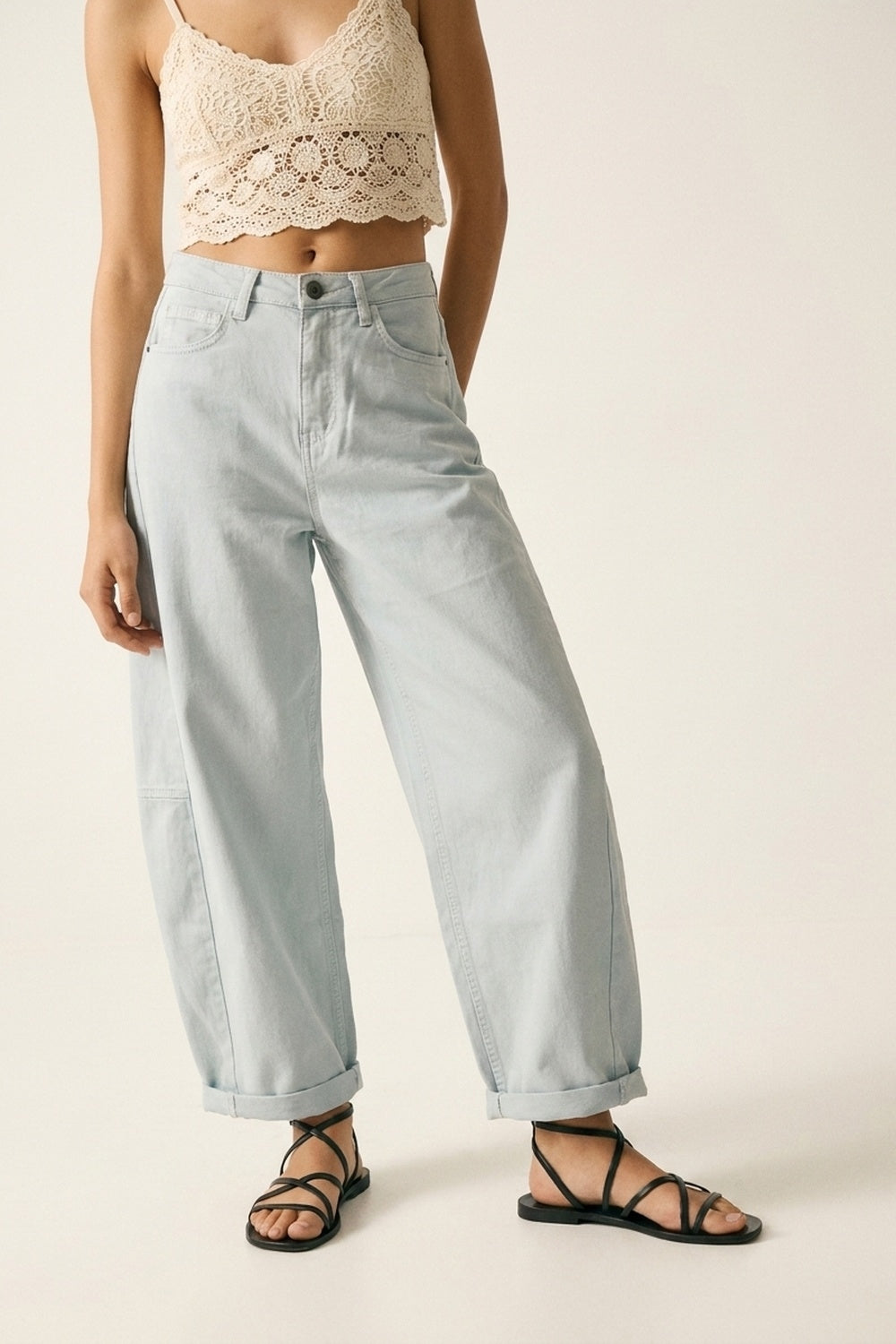 Light Blue Wide-Leg lightweight Cotton Pants in Barrel Style - Coloured Jeans