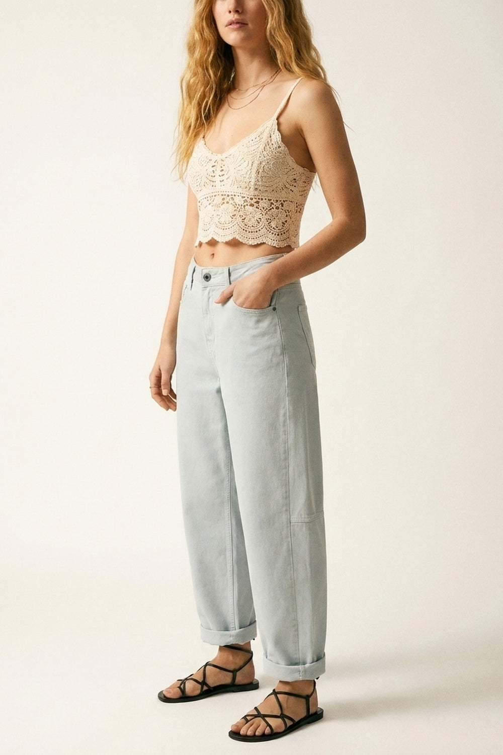 Light Blue Wide-Leg lightweight Cotton Pants in Barrel Style - Coloured Jeans