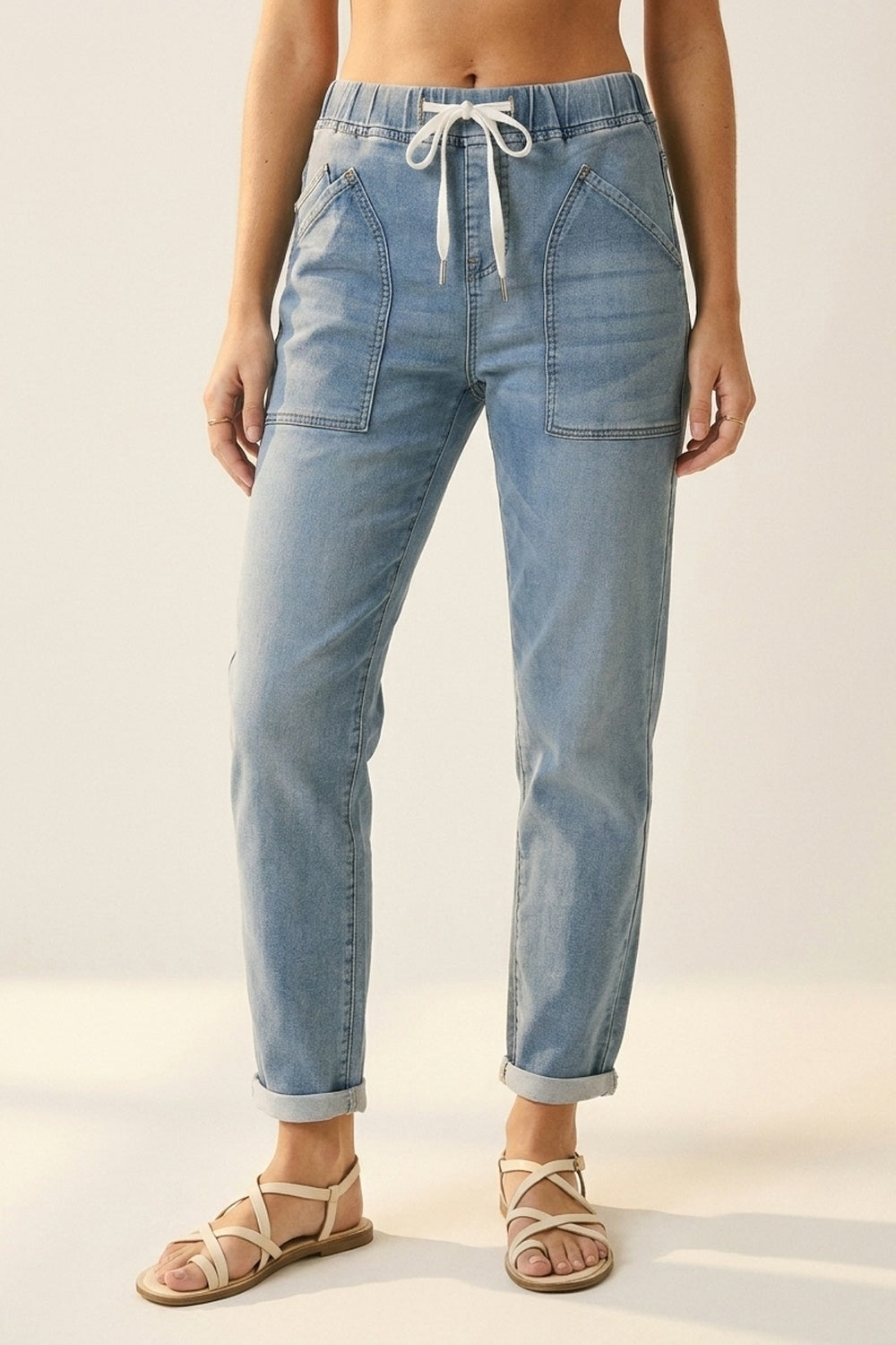 Light Blue Jogger Style Denim Jeans with Drawstring Waist