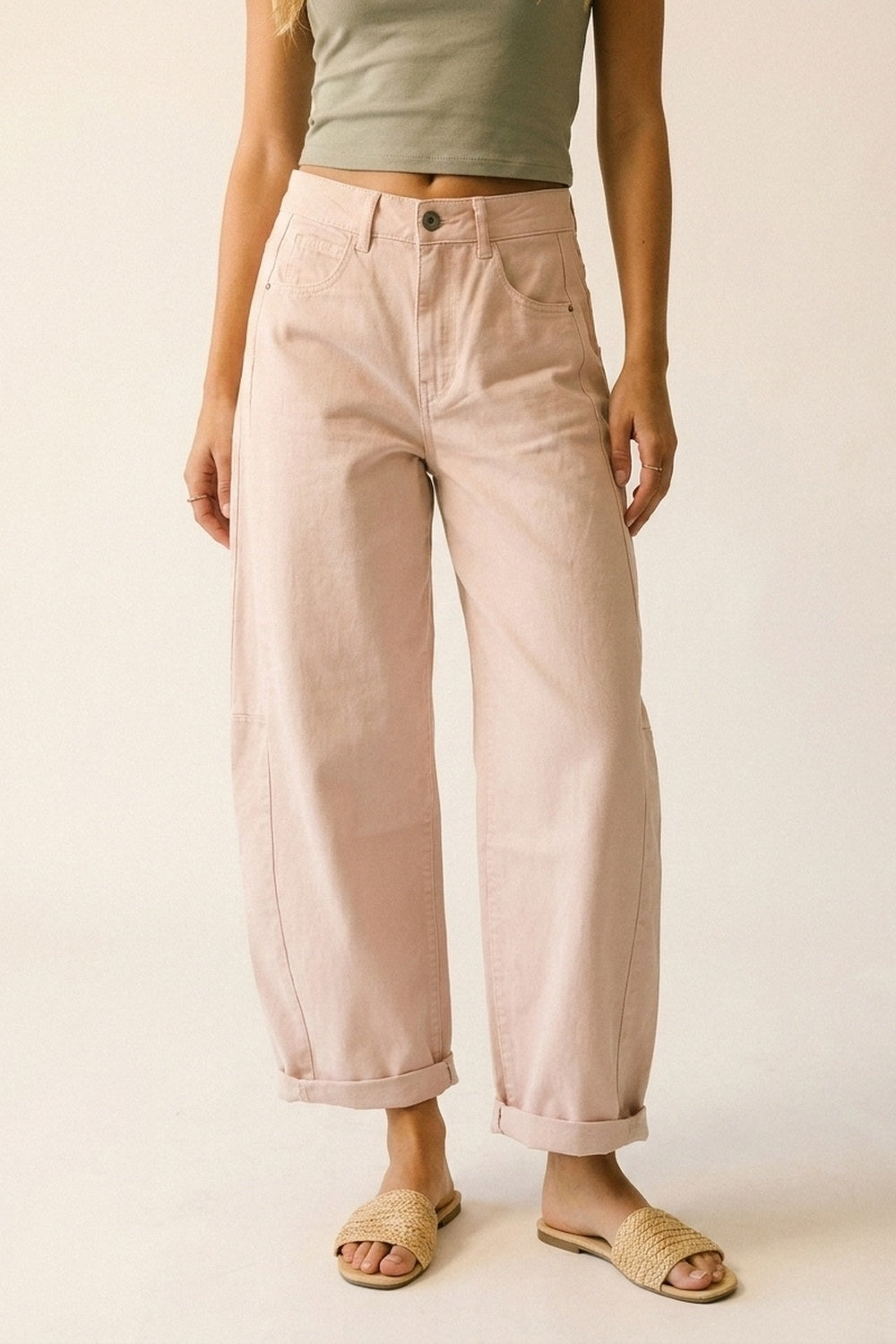 Light Pink Wide-Leg Barrel style Pants with Rolled Hems - Coloured Jeans