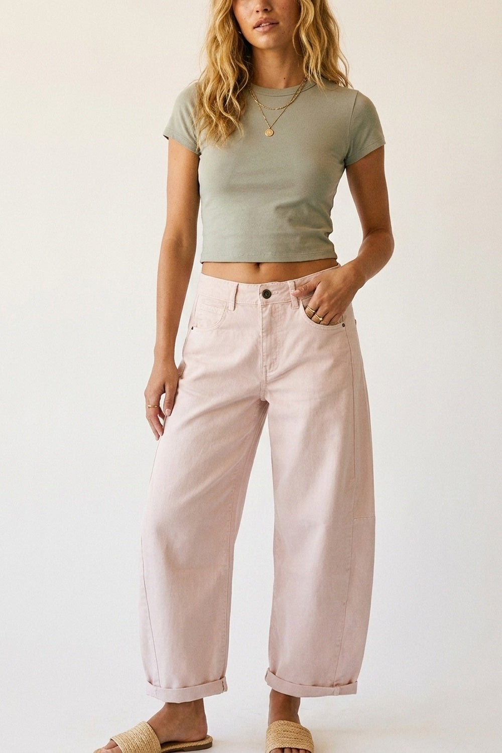 Light Pink Wide-Leg Barrel style Pants with Rolled Hems - Coloured Jeans