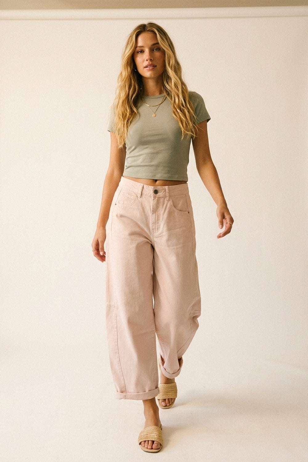 Light Pink Wide-Leg Barrel style Pants with Rolled Hems - Coloured Jeans