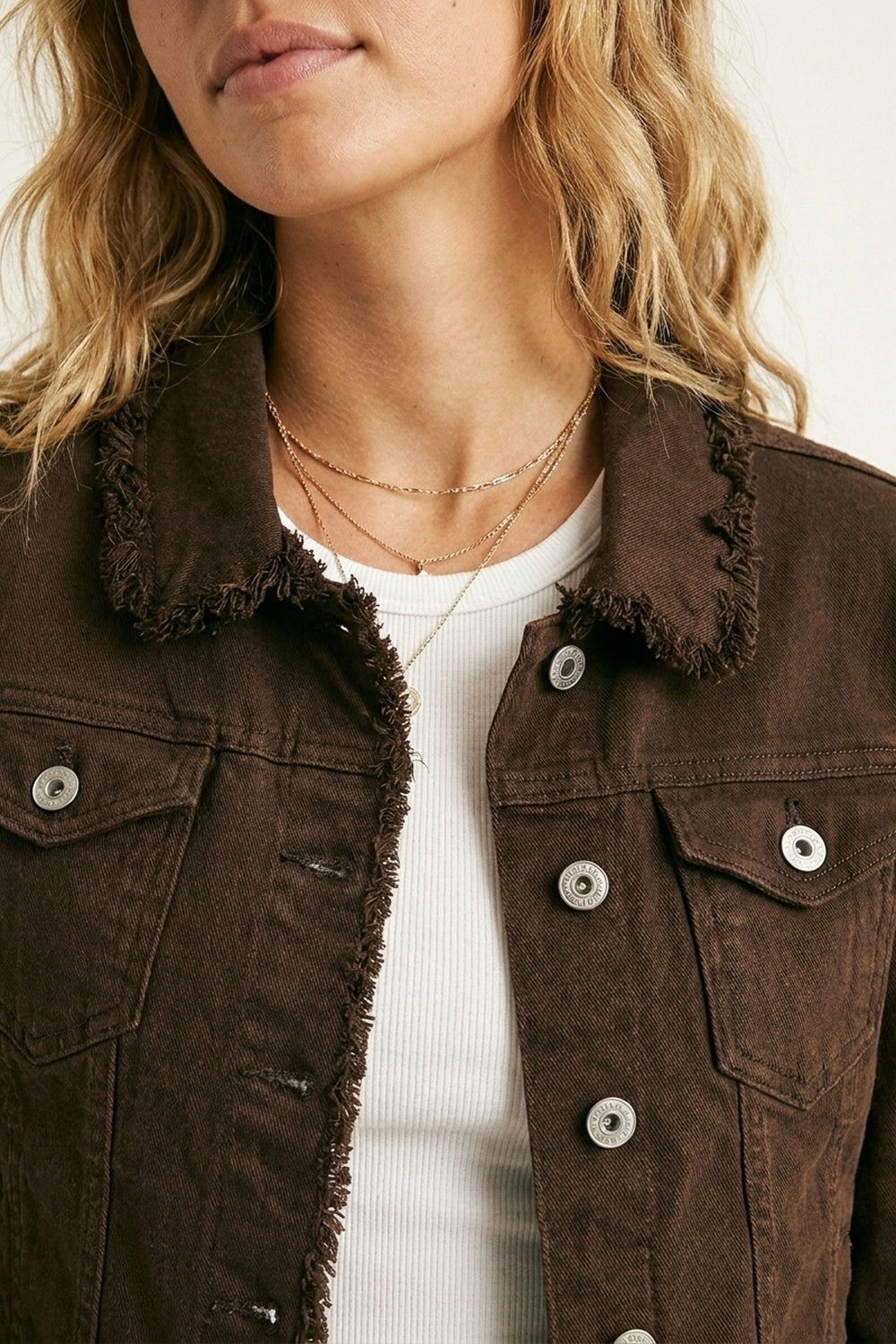 Raw edge denim jacket in chocolate color