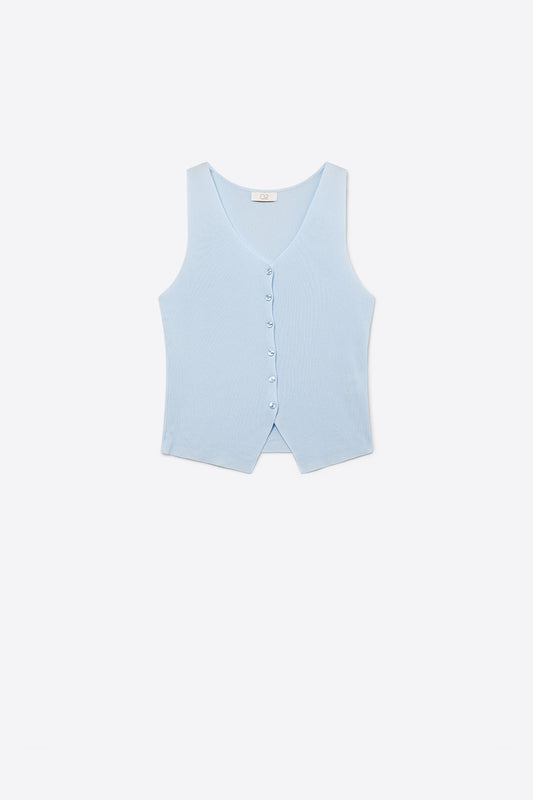 Light Blue Ribbed Knit Sleeveless Button vest