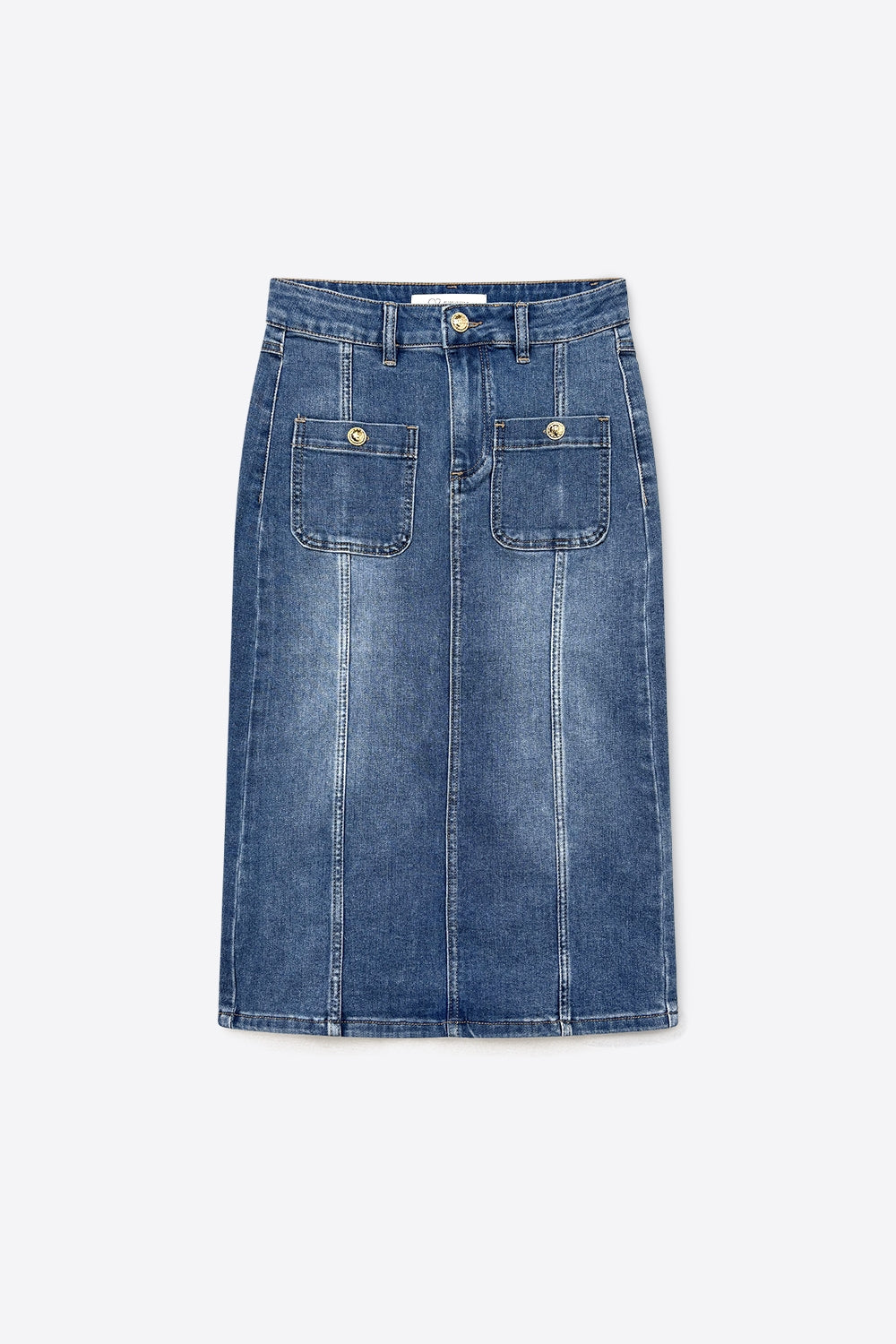 Mid Wash Denim Midi Skirt with Front Patch Pockets