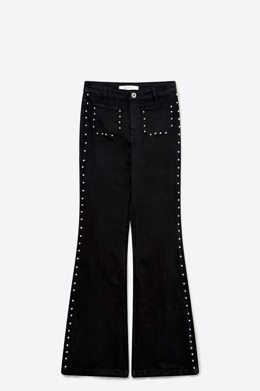 Black Studded Flare Jeans With Front Pocket Detail - trousers