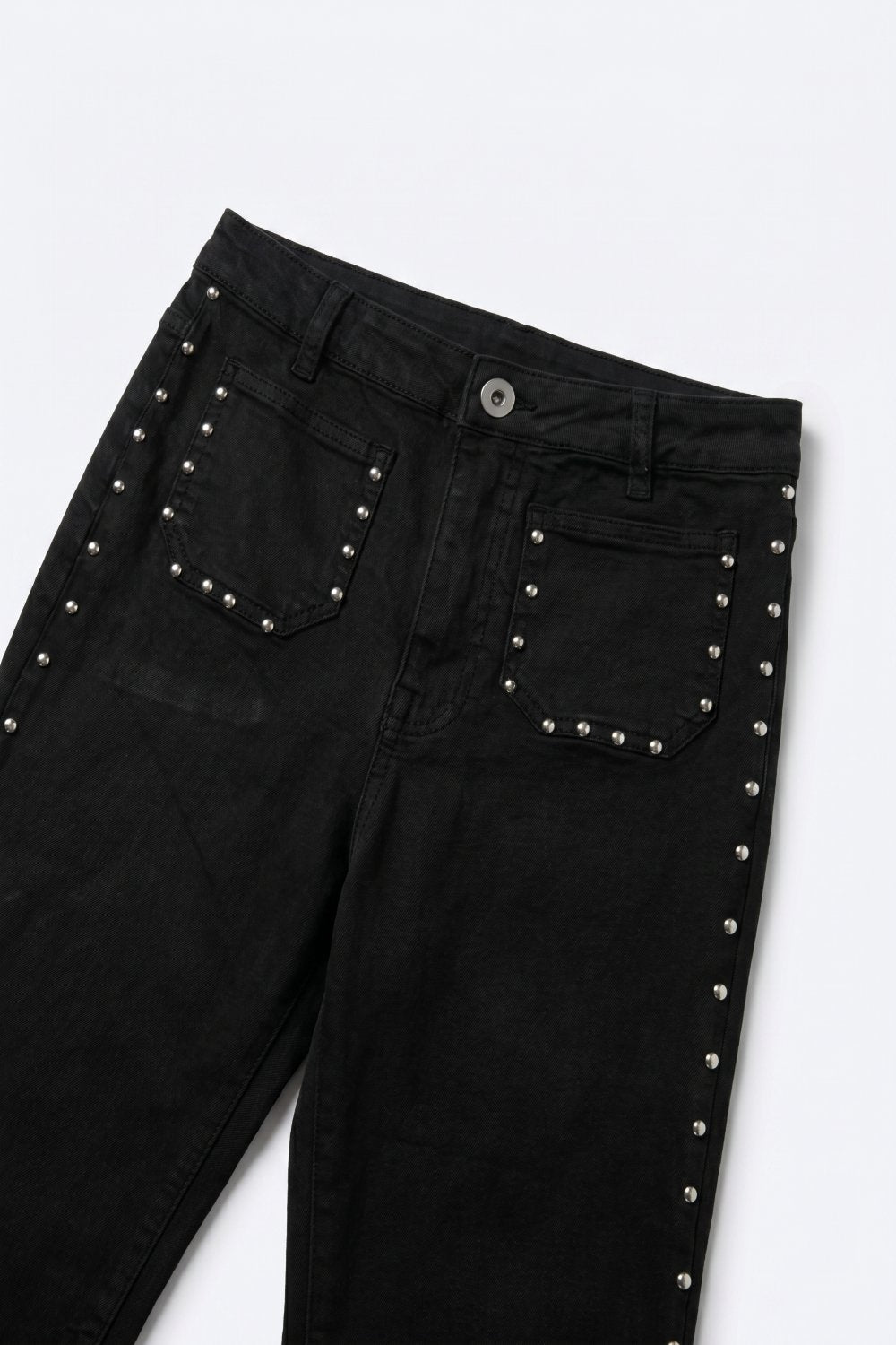 Black Studded Flare Jeans With Front Pocket Detail - trousers